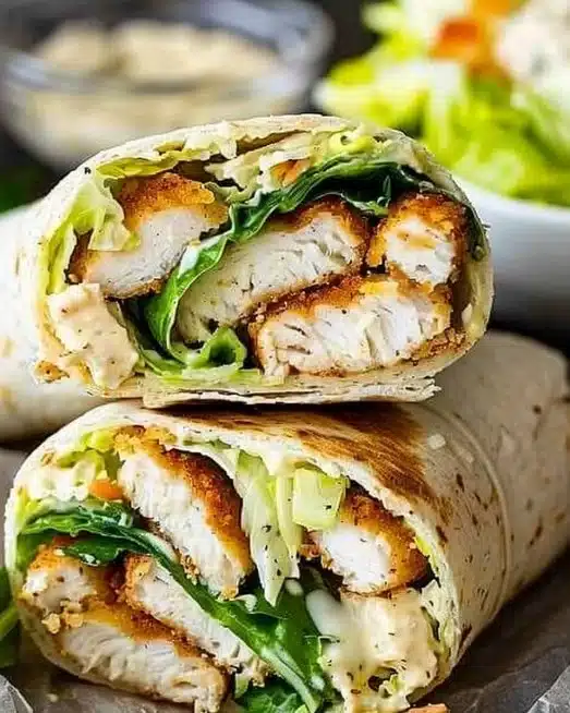 Delicious Chicken Caesar Wrap with lettuce, chicken, and Caesar dressing