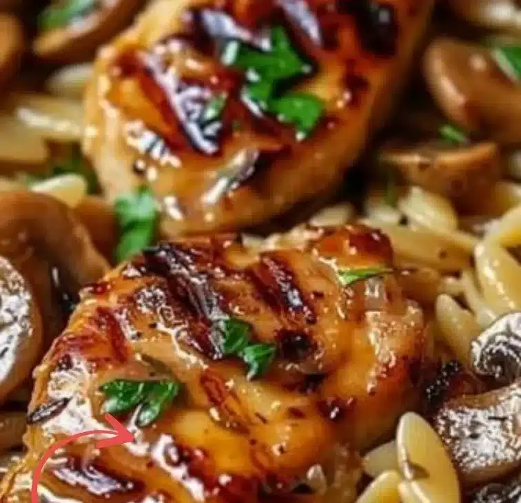 Plate of Chicken Marsala with Orzo garnished with herbs