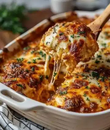 Delicious Chicken Parmesan Casserole with chicken, marinara sauce, and cheese