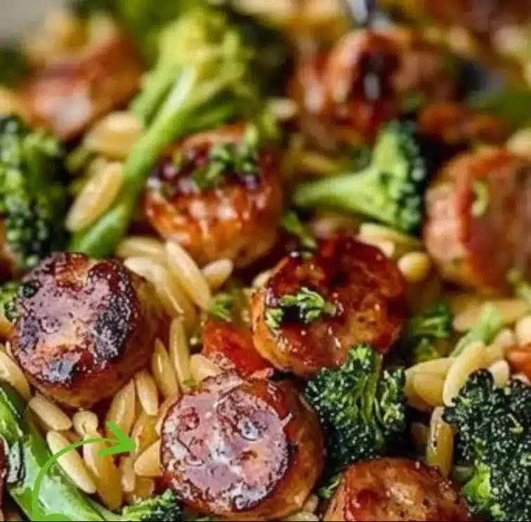 Chicken Sausage and Broccoli Orzo dish garnished with herbs