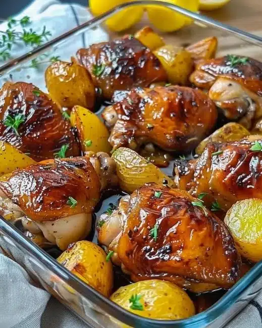 Delicious chicken thighs with roasted potatoes served on a plate.
