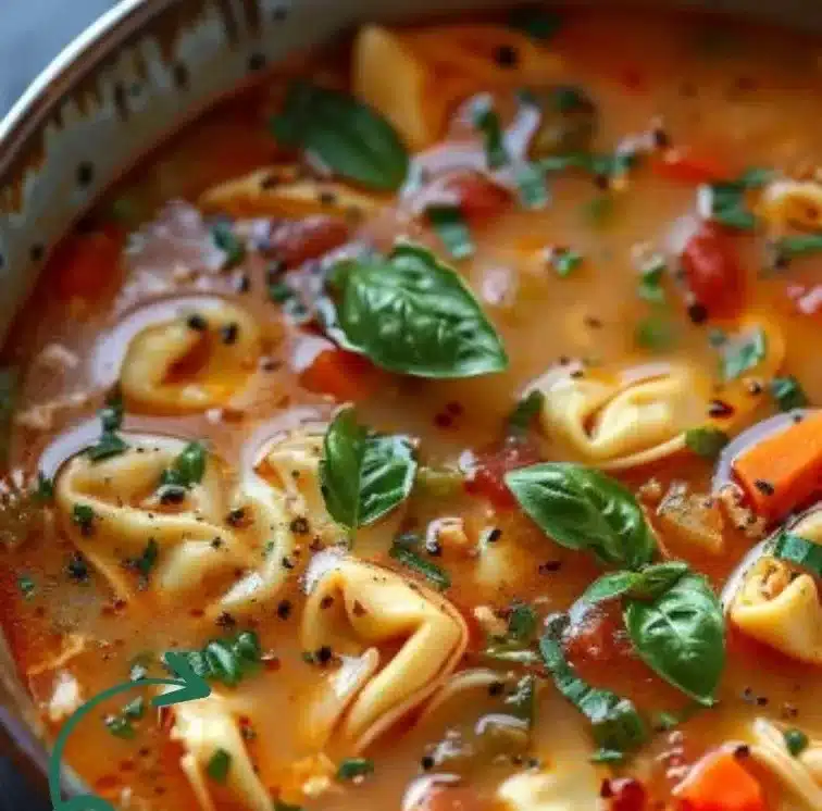 Bowl of Chicken Tortellini Soup with fresh herbs and vegetables
