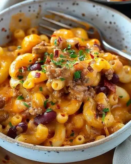 Delicious Chili Mac and Cheese bowl topped with cheese and spices