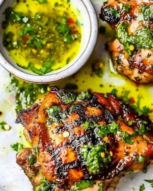 Juicy Chimichurri Chicken Thighs garnished with fresh herbs on a plate.