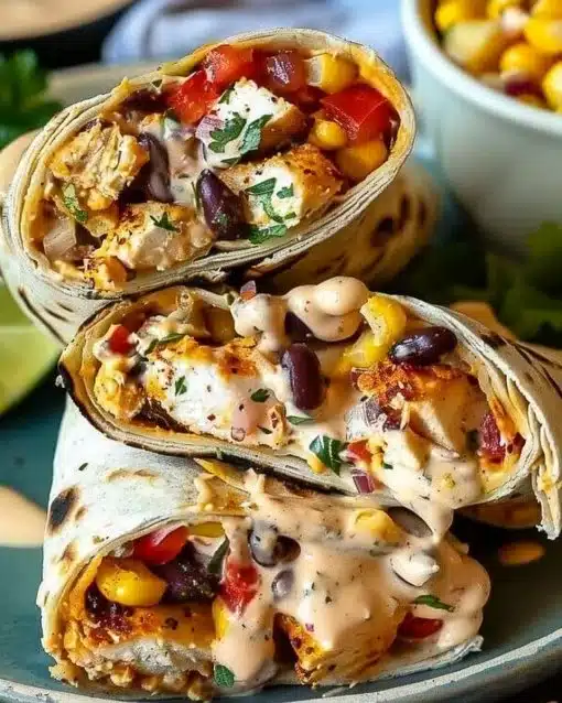 Delicious Chipotle style Southwest Chicken Wraps filled with chicken and fresh ingredients
