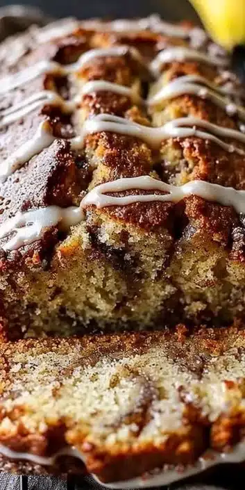 Sliced cinnamon swirl banana bread on a wooden board