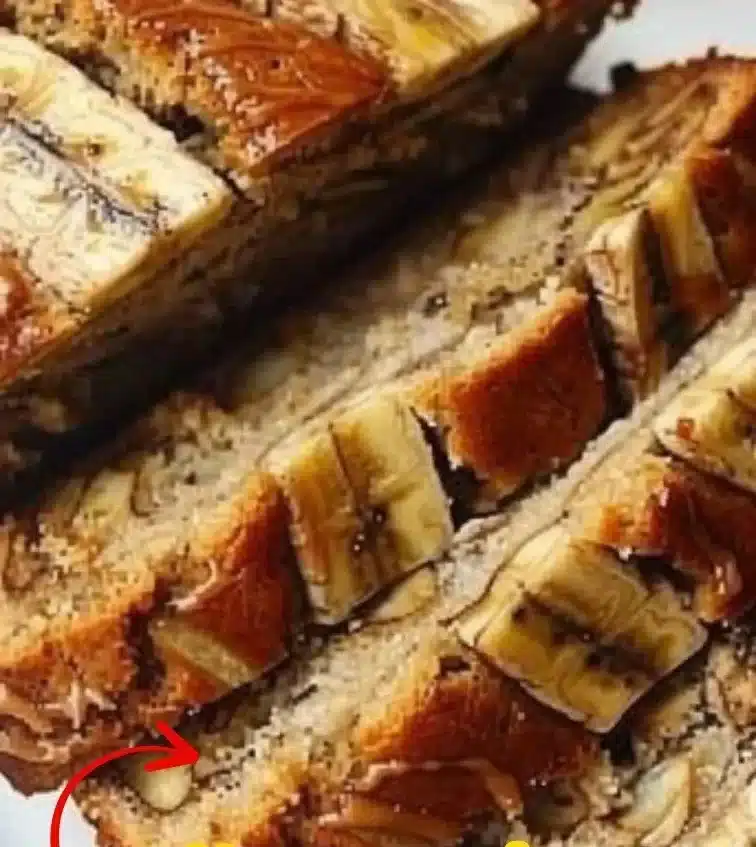 Delicious slice of classic banana bread on a wooden table