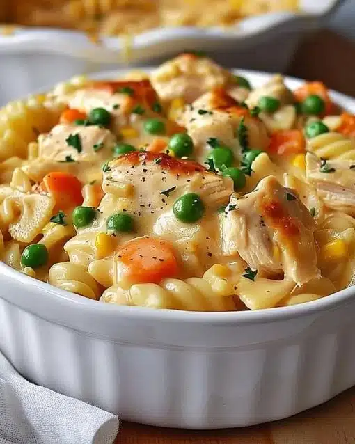 Delicious classic chicken pot pie pasta served in a bowl