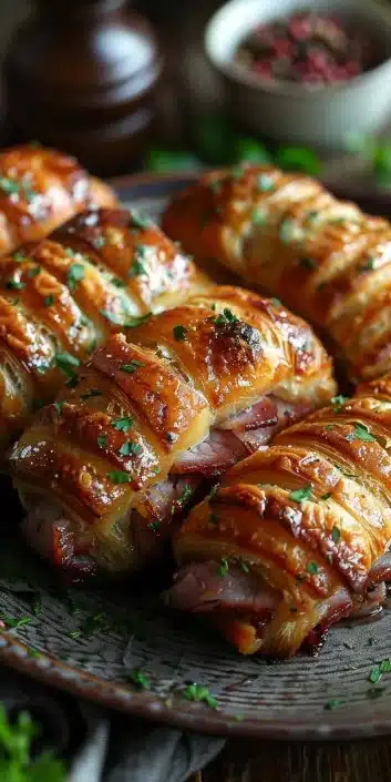 Classic pigs in a blanket appetizer with sausage wrapped in pastry
