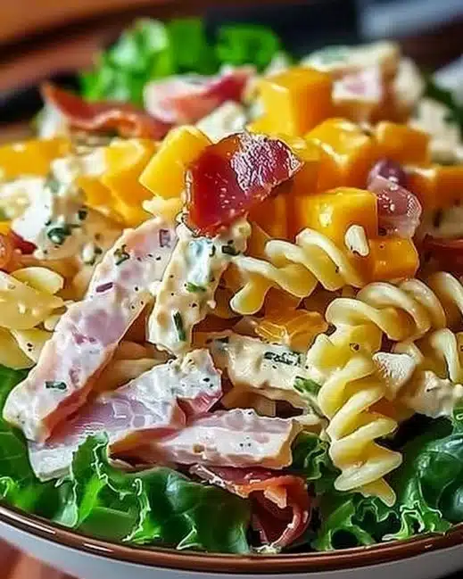 Delicious Club Sandwich Pasta Salad with fresh vegetables and proteins.
