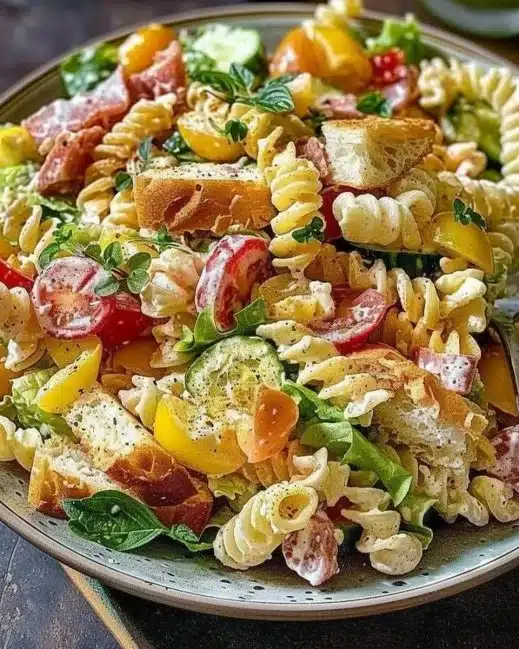 A vibrant club sandwich pasta salad with layers of ingredients and fresh vegetables.