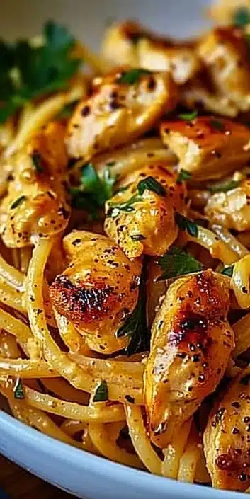 Delicious Cowboy Butter Chicken Linguine garnished with herbs