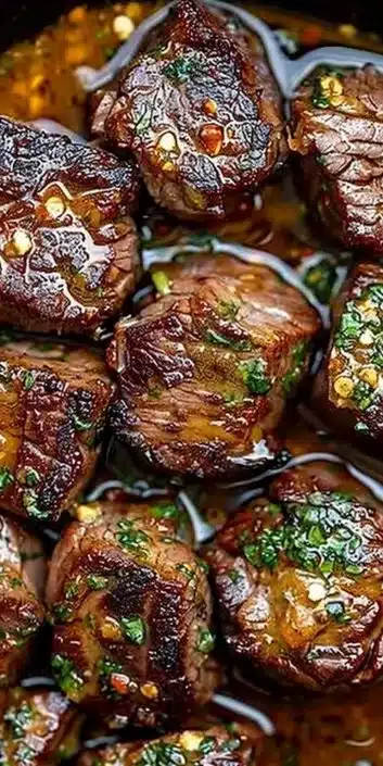 Delicious Cowboy Butter Steak Bites served on a plate with herbs.