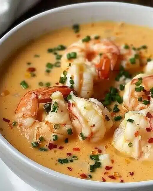 Delicious crab and shrimp seafood bisque served in a bowl, garnished with herbs