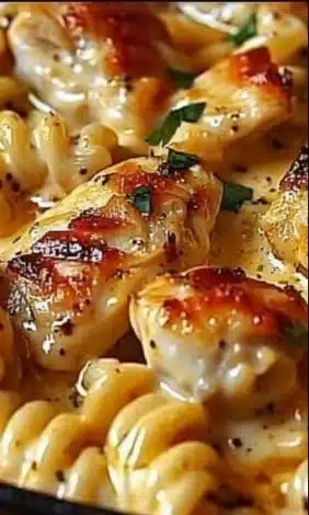 Creamy Baked Asiago Chicken with herbs and cheese topping