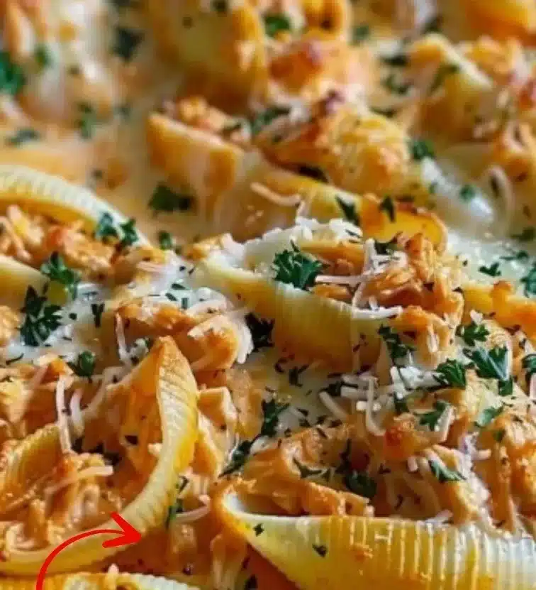 Delicious creamy Buffalo Chicken Stuffed Shells served on a plate