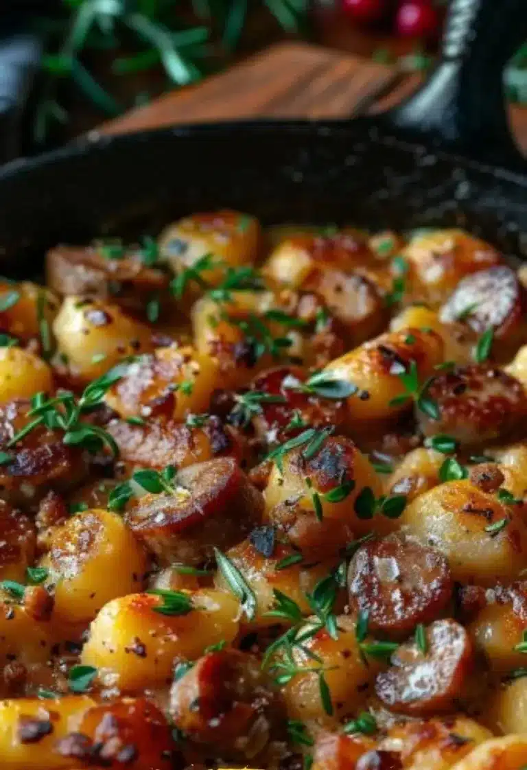 Creamy butternut squash gnocchi topped with sausage in a delicious sauce