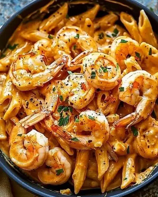 Creamy Cajun shrimp pasta served in a bowl with fresh herbs and spices.