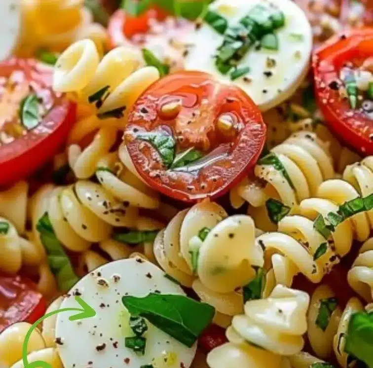 Creamy Caprese pasta salad with fresh tomatoes, basil, and mozzarella cheese.