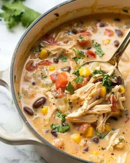 Bowls of delicious creamy chicken taco soup topped with cilantro and cheese
