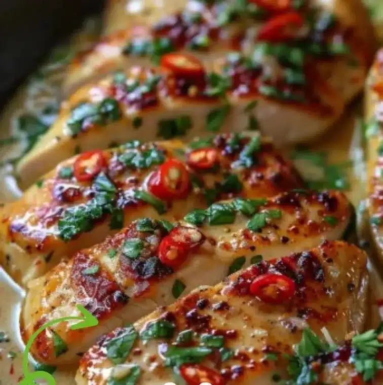 Creamy garlic parmesan chicken served on a plate with herbs
