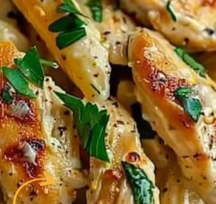 Creamy garlic parmesan chicken pasta dish garnished with parsley on a plate