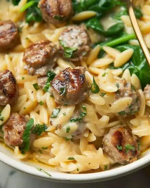 Creamy garlic parmesan orzo with sausage served in a bowl