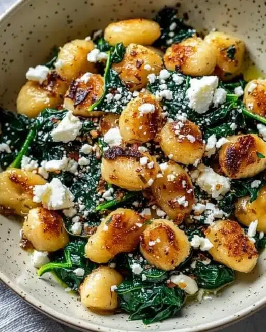 Creamy gnocchi dish featuring spinach and feta cheese in a rich sauce.