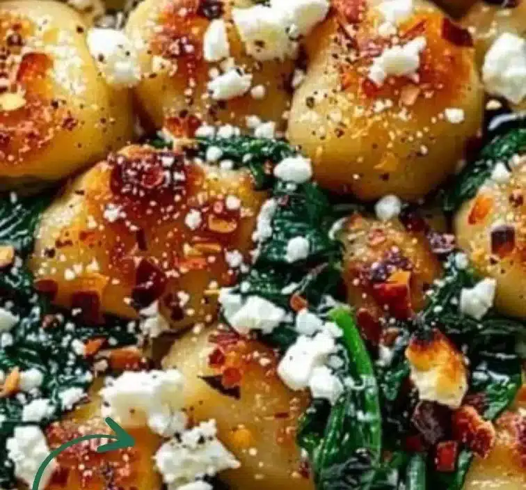 Creamy gnocchi dish with spinach and crumbled feta cheese on a plate