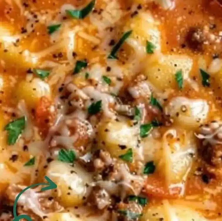 Bowl of creamy Italian sausage gnocchi soup garnished with parsley