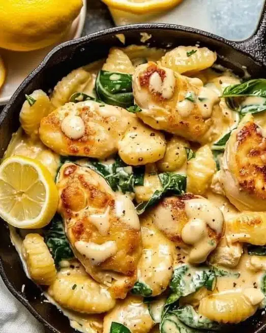Creamy lemon parmesan chicken gnocchi served in a bowl with herbs