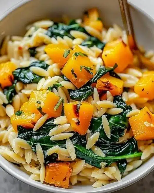 Bowl of creamy orzo with roasted butternut squash and fresh spinach