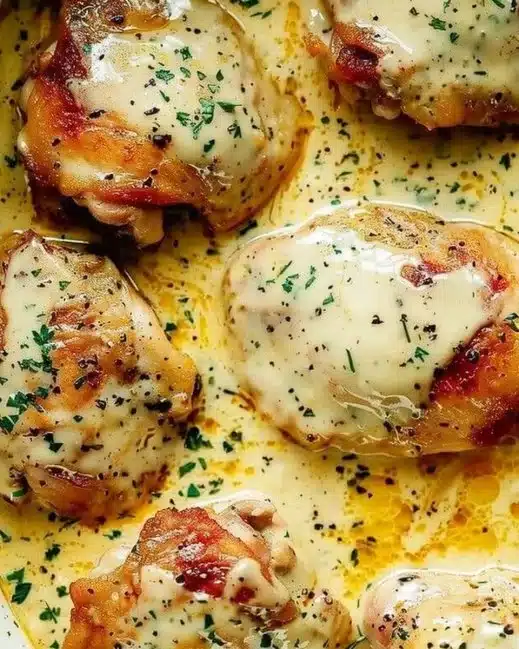 Creamy oven baked chicken thighs served with vegetables on a plate