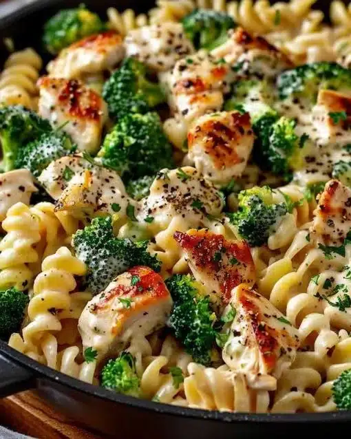 Creamy pasta with rotisserie chicken and broccoli in a savory sauce