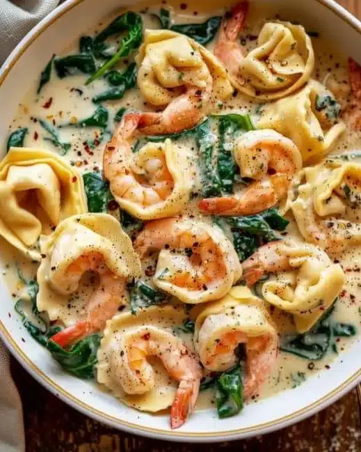 Creamy shrimp and spinach tortellini dish garnished with parsley