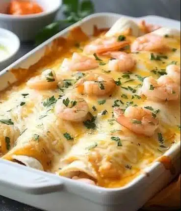 Creamy shrimp enchiladas topped with cheese and cilantro on a plate