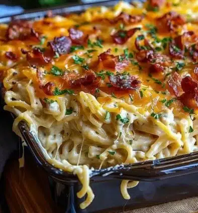 Creamy Southern spaghetti bake served in a casserole dish