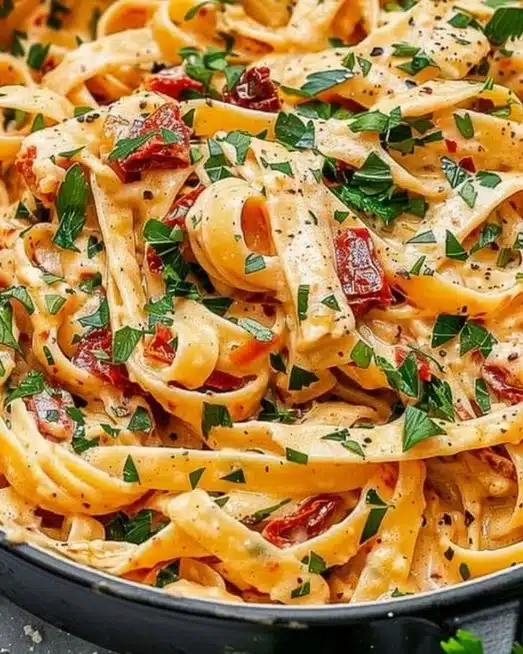 Creamy vegan sun-dried tomato pasta topped with fresh herbs