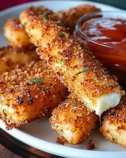 Crispy air fryer mozzarella sticks served with marinara sauce