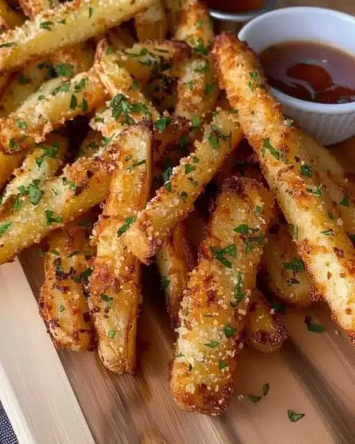 Crispy air fryer Parmesan fries topped with cheese and herbs