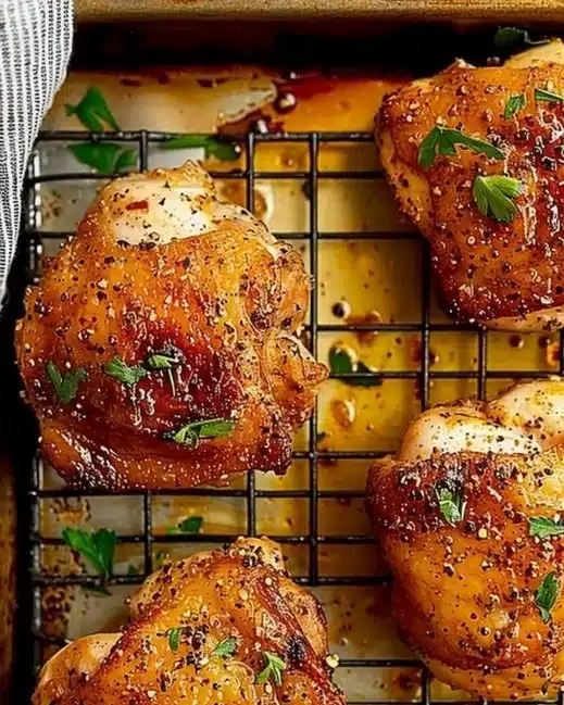 Crispy baked chicken thighs served on a plate with herbs and spices