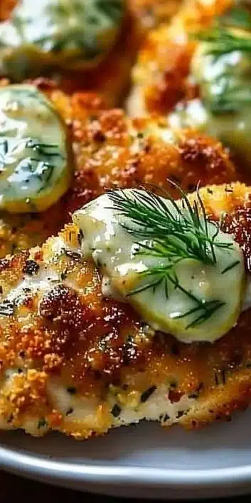 Crispy Dill Pickle Parmesan Chicken plated with herbs and spices