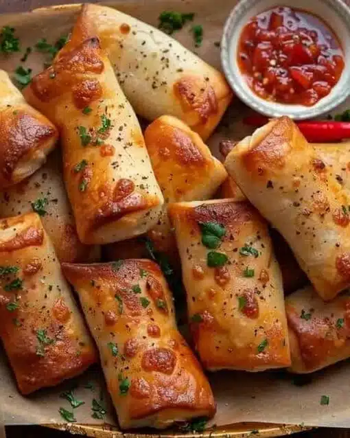A plate of crispy homemade pizza rolls served with dipping sauce.