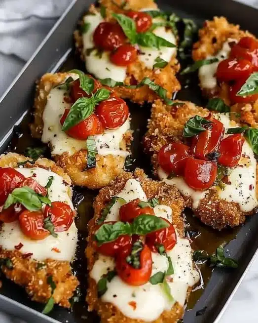 Crispy Parmesan-Basil Chicken cutlets on a plate ready to serve
