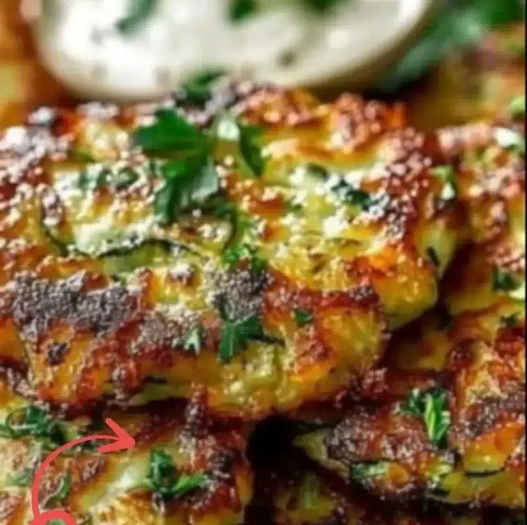 Crispy zucchini fritters served on a plate with dipping sauce