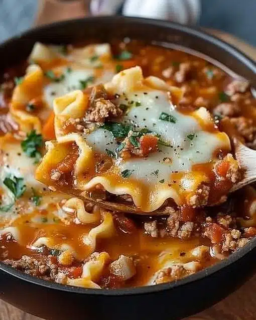Delicious bowl of Crock Pot Lasagna Soup with cheese and herbs
