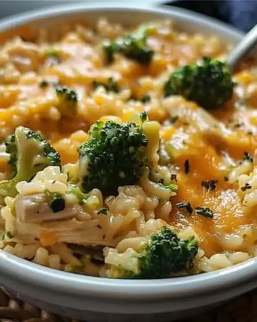 Crockpot Cheesy Chicken Broccoli Rice prepared in a slow cooker