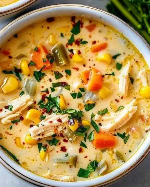 Bowl of Crockpot Chicken Corn Chowder with corn and chicken garnished with herbs.