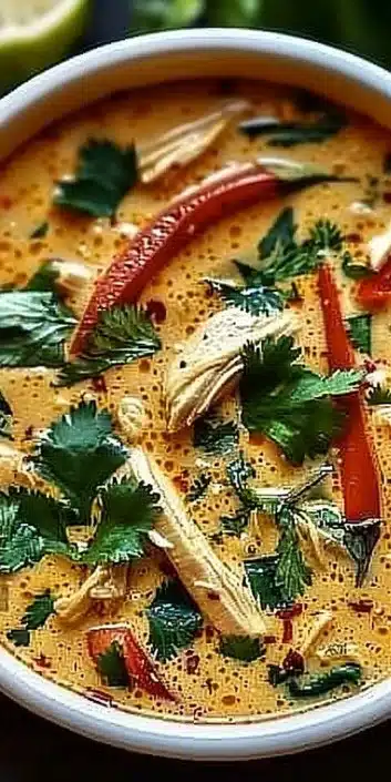 Bowl of Crockpot Thai Coconut Chicken Soup garnished with herbs