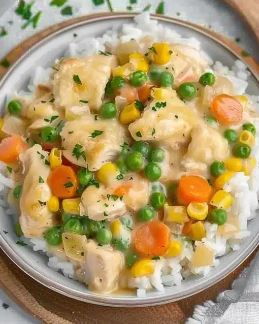Crustless chicken pot pie garnished with herbs in a bowl